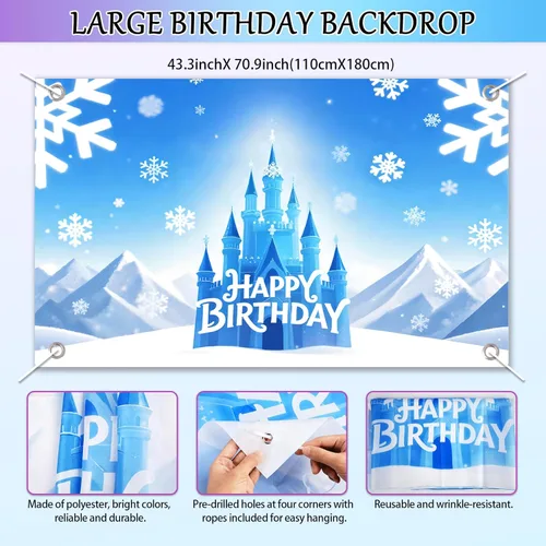 Miniatura 5 de Decoraciones de fiesta de cumpleaños de Frozen, suministros de fiesta de copos de nieve de invierno con pancarta de feliz cumpleaños, telón