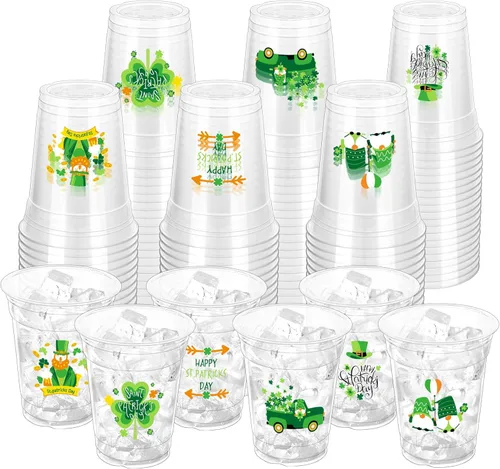 100 tazas para fiesta del día de San Patricio, vasos desechables de plástico transparente de San Patricio, 12 onzas, color verde irlandés, fiesta