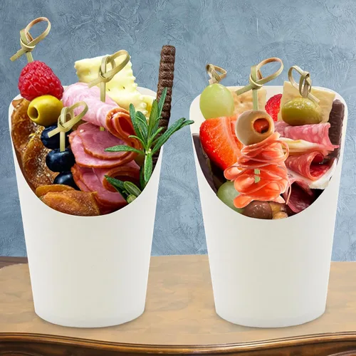 Miniatura 5 de BLUE TOP 30 tazas de papel blanco de 14 onzas con 100 púas de nudo de bambú de 4.7 pulgadas para aperitivos y frutas Púas de brocheta de nudo
