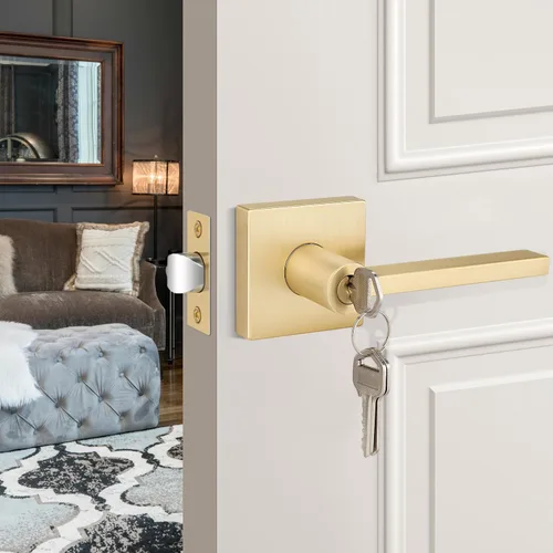 Miniatura 15 de EHOMEWARE Juego de manijas de puerta delantera doradas, palanca de puerta cuadrada resistente de latón y cerrojo de un solo cilindro reversible