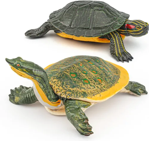 Juguetes grandes de tortuga para niños, 2 piezas de plástico realista de orejas rojas, figuras de tortugas brasileñas, juguetes de tortugas de