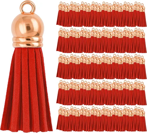Miniatura 47 de Mandala Crafts 100 borlas de gamuza sintética color aguamarina con tapa dorada, suministros para hacer llaveros a granel, pequeñas borlas de cuero
