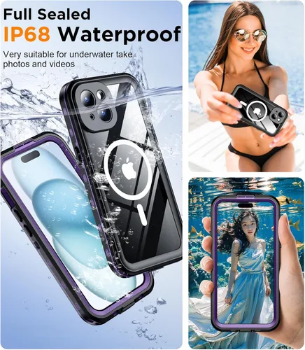 Miniatura 6 de Funda magnética para iPhone 15 impermeable, protector de pantalla integrado [IP68 bajo el agua] [actualizado militar a prueba de caídas]