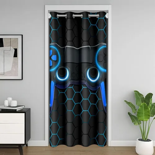 Castle Fairy Cortina de puerta con estampado de consola de videojuegos de dibujos animados para privacidad de puerta, cortina geométrica de panal de