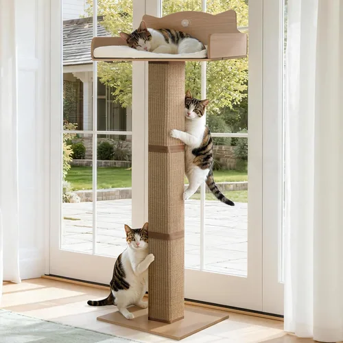 Percha para ventana de gato con poste rascador de sisal grueso, hamaca para gatos para ventana con 3 ventosas mejoradas, poste rascador para gatos