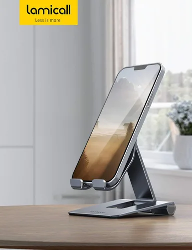 Miniatura 7 de Lamicall Escritorio ajustable de metal de aluminio para teléfono celular, soporte plegable de metal de aluminio resistente para teléfono de Gris