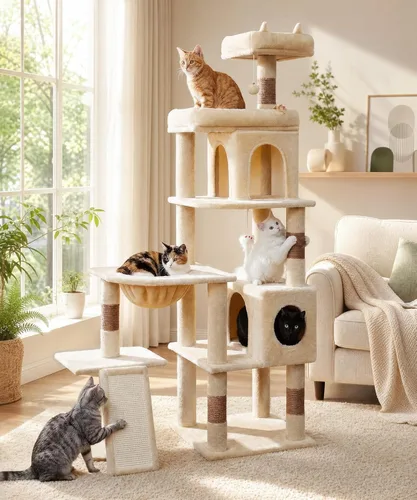 PMT02BW - Árbol de gato resistente de 68 pulgadas para gatos de interior, torre grande para gatos con postes rascadores de sisal y percha superior,