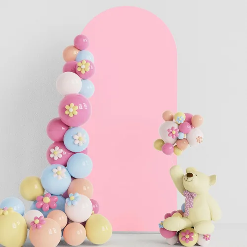 Miniatura 11 de Soporte de arco de boda Putros de 7.2 pies beige con forro de spandex ajustado y parte superior redonda Chiara para cubrir soportes de telón