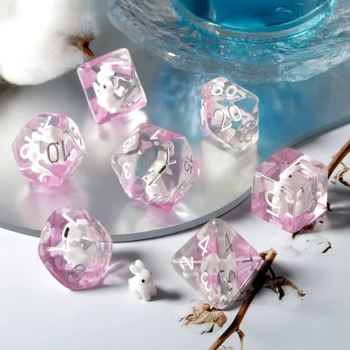 Miniatura 5 de Juego de dados de conejo DND, DNDND 7 dados poliédricos de resina con bolsa de terciopelo para juegos de rol D&D Dungeons and Dragons