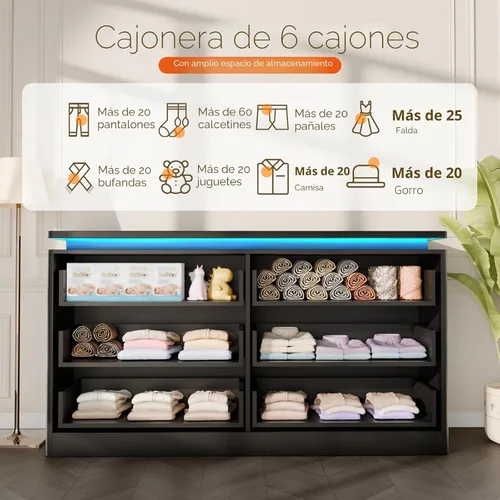 Miniatura 4 de Gyfimoie Cómoda Negra de 6 Cajones para Dormitorio, Cajonera Larga de 47.2" con Estación de Carga y Luces LED, Gabinete de Almacenamiento de Madera