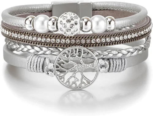 Miniatura 15 de Edoneery - Pulsera envolvente de cuero para mujer, brazalete de puño de múltiples capas hecho a mano estilo bohemio con cuentas de cristal
