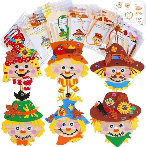 Winlyn 24 juegos de manualidades de otoño para hacer cabezas de espantapájaros, palitos de palo, cabezas de espantapájaros, adornos de arte para