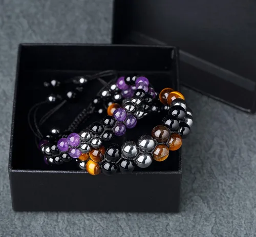 Miniatura 2 de Paquete de 2 pulseras de triple protección, obsidiana negra y hematita genuina de ojo de tigre y cuentas de hematita para hombres y mujeres, hechas