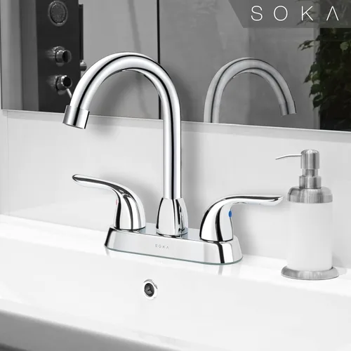 Miniatura 11 de SOKA Grifo de baño central de dos asas para fregadero de acero inoxidable de arco alto con placa de cubierta y montaje de drenaje desplegable