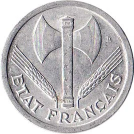 1941-1944 Auténtica moneda histórica de 2 francos Vichy Francia de la Segunda Guerra Mundial de ocupación viene con un certificado de autenticidad