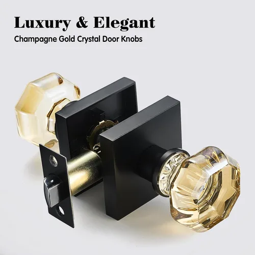 Miniatura 2 de Picaporte de vidrio dorado champagne para puerta de pasaje – Manija interior de cristal sin bloqueo con roseta cuadrada negra mate – Estilo elegante
