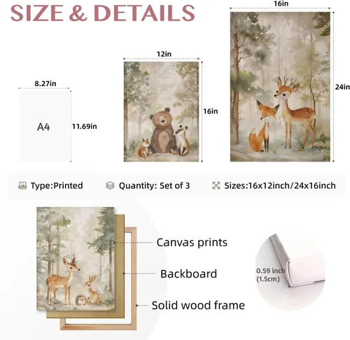 Miniatura 7 de Cyebmo Juego de 3 pinturas enmarcadas de animales del bosque, decoración de pared de animales salvajes del bosque, decoración de pared, pintura