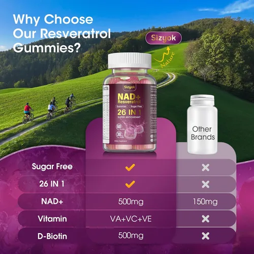 Miniatura 6 de Gomitas de Resveratrol NAD, Suplementos NAD para Mujeres con Colágeno Hidrolizado, Semilla de Uva y D-Biotina que Apoyan la Acción Antioxidante