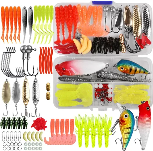Kit de Señuelos de Pesca y Cebos - Kit Integral de Señuelos de Pesca para Trucha, Lubina y Salmón - Incluye Camarones de Plástico, Cebo de Gusano,