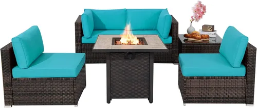 Miniatura 12 de Tangkula Patiojoy Juego de sofá de ratán para exteriores de 6 piezas con mesa de fuego de gas propano de 30 pulgadas, mesa de cerámica para fuego