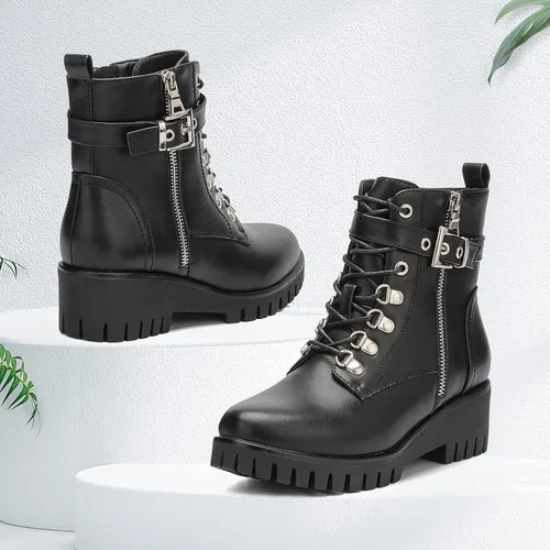 Miniatura 7 de CentroPoint Botines de cuña de moda para mujer, con cremallera lateral, con cordones, zapatos de plataforma de punta redonda