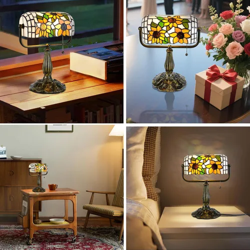 Miniatura 6 de Tiffany Bankers Lámpara de Escritorio, Luz de Piano de Vidrio Emplomado de Girasol con Bombilla LED, Lámpara de Escritorio Estilo Tiffany Vintage