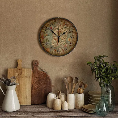 Miniatura 3 de Reloj de pared de madera de 10 pulgadas, silencioso, fácil de leer, estilo vintage, mapa del viejo mundo, reloj redondo de madera, estilo rural