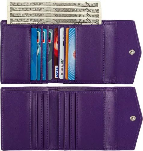 Miniatura 2 de Cartera pequeña y compacta de cuero para mujer, con bloqueo RFID, tarjetero para tarjetas de crédito para mujer, Púrpura, Cartera RFID