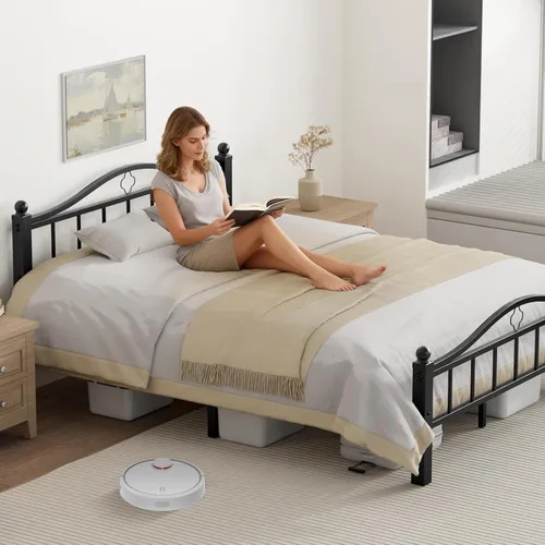 Miniatura 7 de Marco de cama de metal tamaño Queen con cabecero, diseño sin ruido y almacenamiento debajo de la cama, marcos de cama resistentes de tamaño Queen