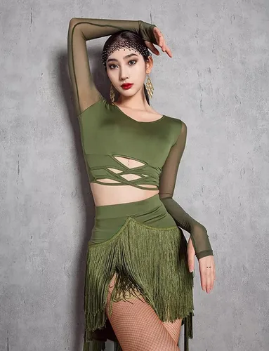 Miniatura 4 de FEOYA Falda de baile latino para mujer, falda de salón con flecos, borla para salsa y tango