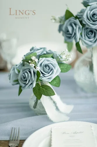Miniatura 4 de Ling's moment Flores artificiales, 50 rosas azules polvorientas decorativas con tallos, 3 pulgadas de tacto real de espuma floral para ramo de boda