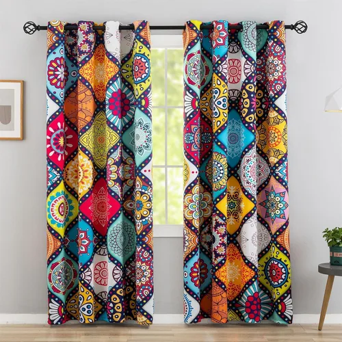 Tyrot - Juego de 2 paneles de cortinas bohémicas 100% opacas para dormitorio de 63 pulgadas de largo, cortinas con patrón mandala colorido,