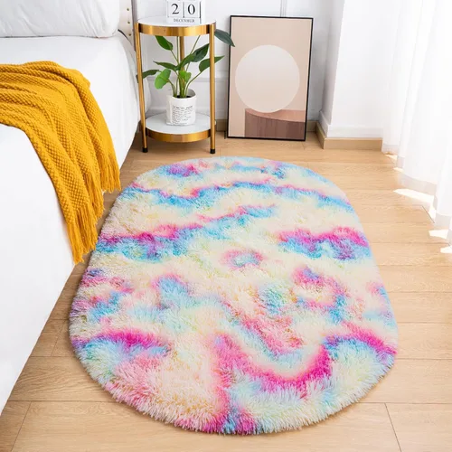 Miniatura 13 de Goideal Alfombra Esponjosa para Dormitorio, Alfombras de Área Ovaladas Pequeñas, Alfombra Shag de Cabecera Azul Marino Claro para Habitación