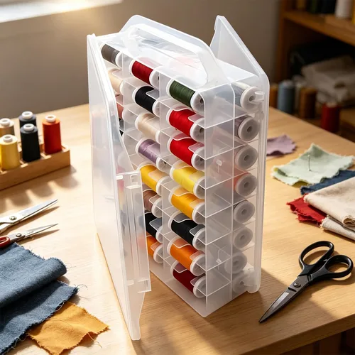 Miniatura 7 de Organizador de costura de 46 rejillas, almacenamiento de caja de hilos de doble cara, caja organizadora portátil de plástico transparente