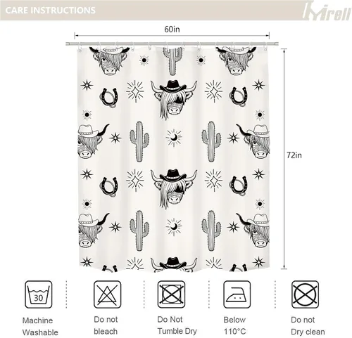 Miniatura 5 de Western Highland Cow Shower Curtain 60Wx72H Inches Farmhouse Southwest Cowboy Cattle Sun and Moon Rustic Cute Animal Beige Cactus Retro Fabric