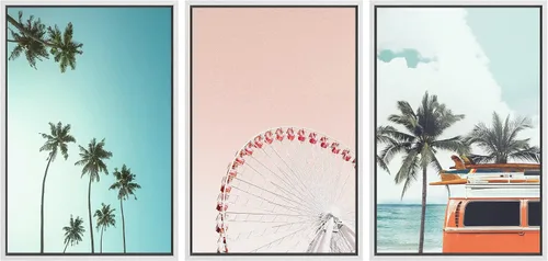 Miniatura 81 de SIGNWIN Lienzo enmarcado para pared, vista aérea de palmeras tropicales en un cielo azul, fotografía del océano costero, arte moderno, panorámico