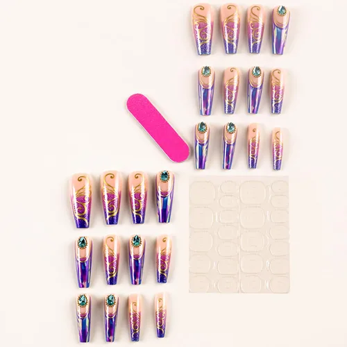 Miniatura 4 de Uñas postizas largas cuadradas de acrílico artificiales con punta francesa, diseño de mariposa dorada, diseño de mariposa dorada, uñas postizas