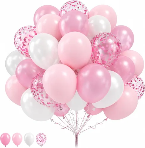 Globos rosa y blanco, 60 paquetes de globos de 12 pulgadas de color rosa claro y blanco con globos de confeti para decoraciones de fiesta de