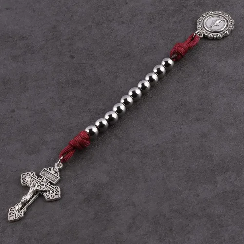 Miniatura 56 de Rosario de bolsillo estilo abierto una década de acero inoxidable rosario católico con crucifijo medalla de San Benito con bolsa de regalo