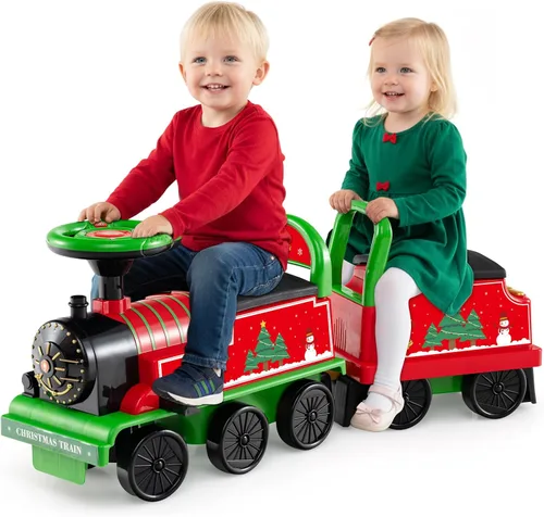 Miniatura 14 de OLAKIDS Tren para niños con pista, juguete eléctrico de 6V con luces y sonidos, reposapiés retráctil, almacenamiento debajo del asiento, tema