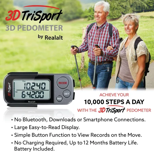 Miniatura 6 de Realalt 3DTriSport 3D Walking Pedometer with Clip & Strap, Accurate Step Counter with 30-Day Memory, Distance in Miles/KM with Large Display Perfect