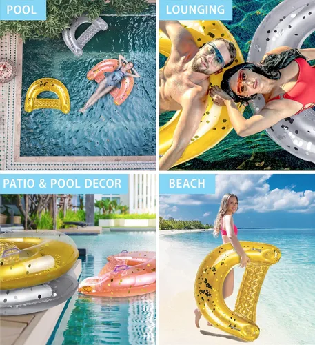 Miniatura 3 de POZA Silla flotante inflable para piscina, tumbona lujosa rellena de confeti brillante, 2 portavasos y asas integrados, silla flotante de agua