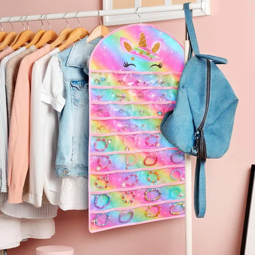 Miniatura 3 de FIOBEE Organizador de joyas colgante para niñas, soporte de almacenamiento de joyas de unicornio con colgador para niños, aretes, collar, pulsera