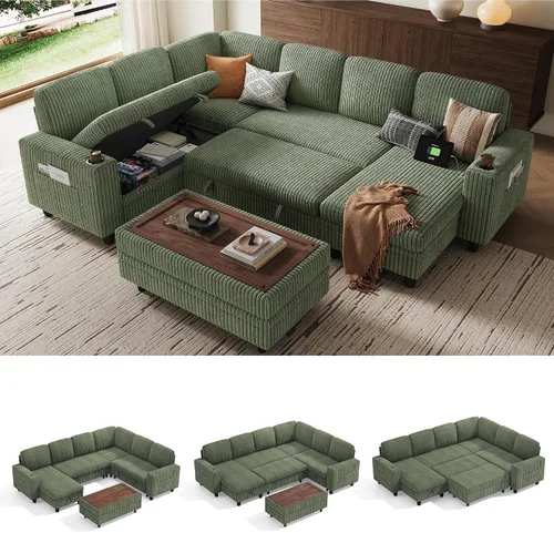 Miniatura 48 de LINSY HOME - Sofá cama extraíble modular con sección para dormir, con almacenamiento, sofá seccional de pana mullida para sala de estar, sofá cama
