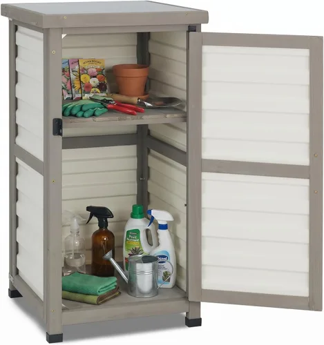 Miniatura 21 de Ketive Gabinete de almacenamiento para exteriores, armario alto de jardín para herramientas con techo resistente a la intemperie, puertas con doble
