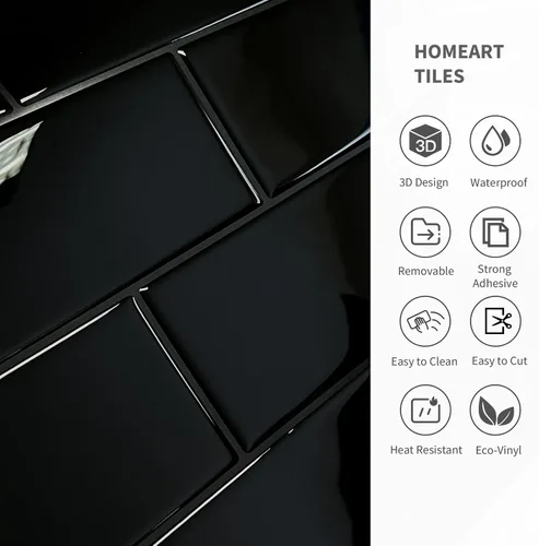 Miniatura 6 de Azulejo de metro negro para despegar y pegar, azulejos autoadhesivos para pared de cocina (10 x 10 pulgadas, 10 hojas)