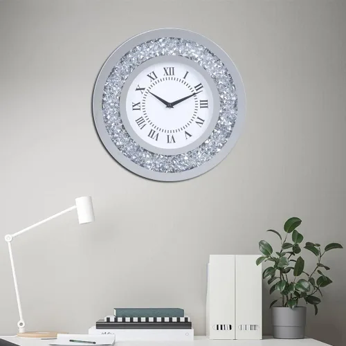 Miniatura 6 de Reloj de pared grande con espejo plateado brillante brillante brillante con diamantes para decoración de pared, espejo de cristal plateado