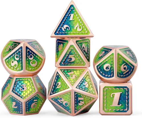 DNDND - Juego de dados metálicos para DND con estuche de metal de regalo, 7 piezas de dados metálicos de Calabozos y Dragones para juego DND (azul y