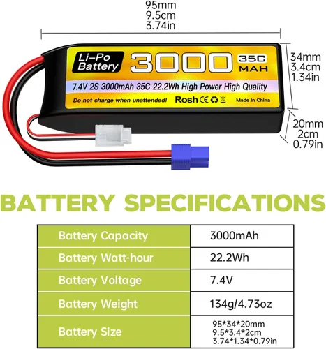 Miniatura 2 de 2 unidades 2S Lipo batería 7.4 V 3000 mAh 35C con enchufe EC3 con 2 cables de carga USB para RC coche, camión, barco, cuadricóptero FPV Drone batería