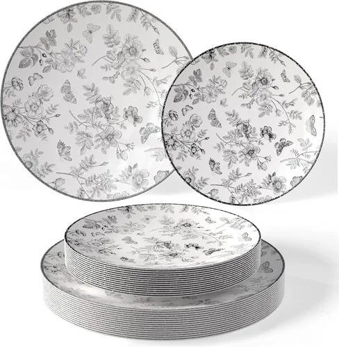 Trendables Platos Desechables para Suministros de Fiesta | Platos de Plástico Florales Negros para Boda 40 Piezas - 20 de 8" y 20 de 10" Juegos de